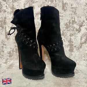 Alaia Laced Suede & Fur Platform Lug Sole Stiletto Ankle Booties in Black